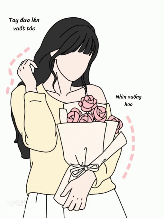 Chụp hình ôm bó hoa và tay vuốt tóc